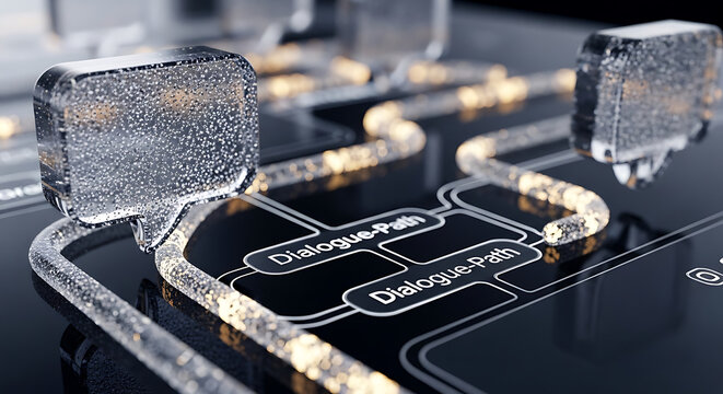 3D Render of Futuristic Dialogue Paths and Glass Speech Bubbles