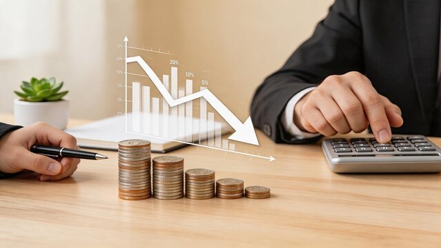 Financial loss decline graph with coins and calculator, economic crisis budget cut concept, decreasing revenue profit chart showing negative trend, accountant calculating debt and