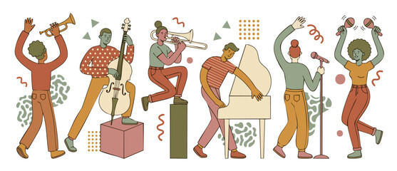 Jazz Band Musicians Playing Instruments and Singing Performance Flat Vector Illustration with Trumpet Contrabass Trombone Piano Microphone and Maracas Characters in Modern Minimalist Style for Music E © Dinali