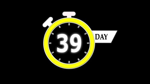 39 days countdown animation, clean digital stopwatch video; days to go motion graphic for sales, campaigns, advertising, and launches.