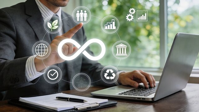 Man interacting with infinity loop icon surrounded by sustainability symbols, representing circular economy, green energy, recycling, and continuous business improvement processes.