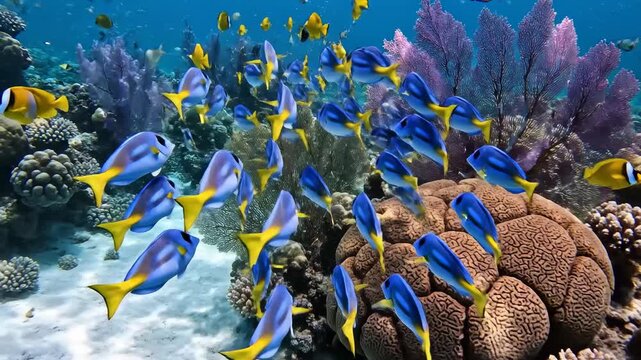 A vibrant school of Paracanthurus hepatus, commonly known as the regal blue tang, swims gracefully through a colorful coral reef teeming with aquatic life and illuminated by sunlight filtering