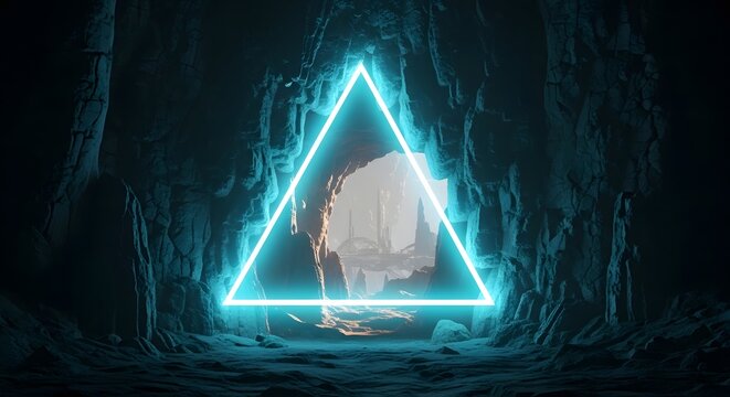 Glowing neon blue triangle portal in dark cavern opening to futuristic landscape.