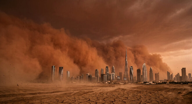Massive Sandstorm and Dust Cloud Approaching Dubai City Skyline, Climate Change Concept