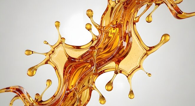 Golden liquid splash with droplets frozen in motion against a white background.