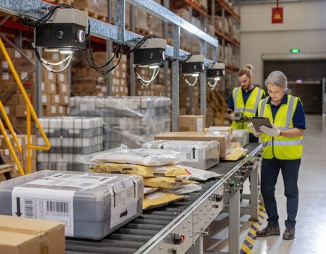 Reverse logistics processing center &mdash; returned goods on sorting conveyor, condit