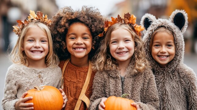 Four diverse children in autumn costumes holding pumpkins and smiling happily