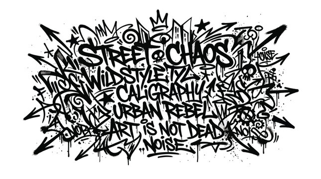 Graffiti lettering composition with words street chaos, wildstyle, caligraphy, urban rebel, art is not dead, noise