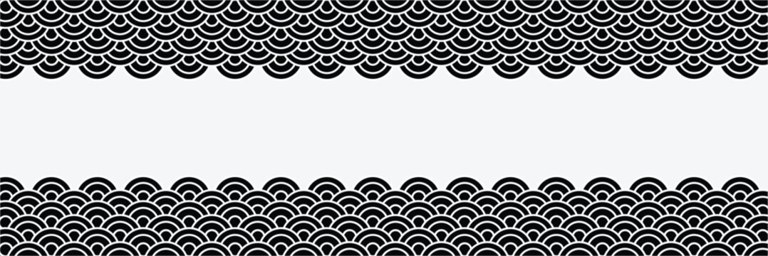  Top and bottom borders with traditional Japanese  pattern and space for text. black and white sea or ocean waves print. fish squama or dragon scale. vector graphic illustration.