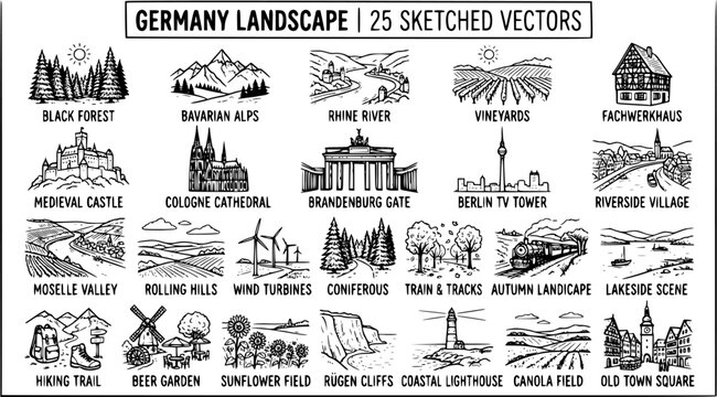 Germany Landscapes: Black and White Sketch Vectors of Famous Landmarks and Nature Scenes