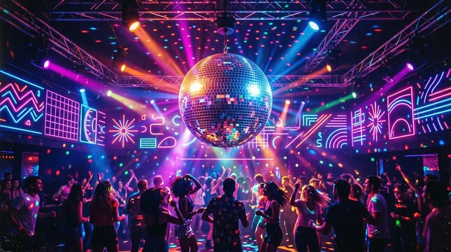 Vibrant Nightclub Dance Floor With Disco Ball Neon Lights and Party Crowd Celebrating Late Night