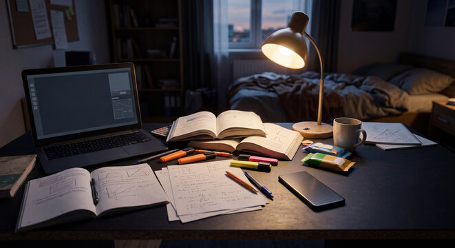 Messy student desk with books laptop and late night study clutter