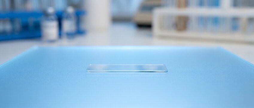 Clean blank microscope slide with modern blue laboratory lighting