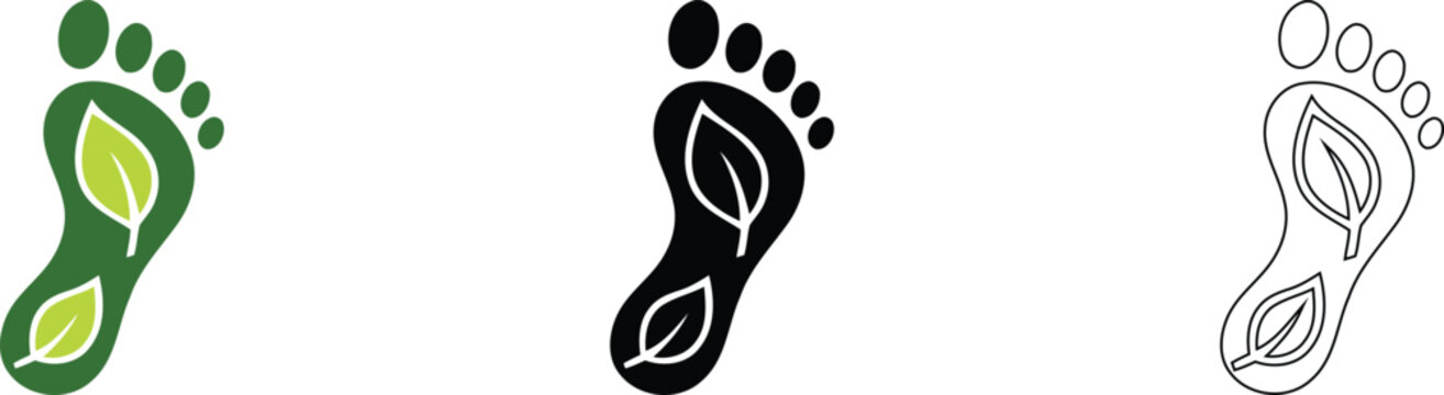 Carbon footprint icon set. Featuring green black and outline footprints with leaves inside. Sustainable environmental impact symbols for design.
