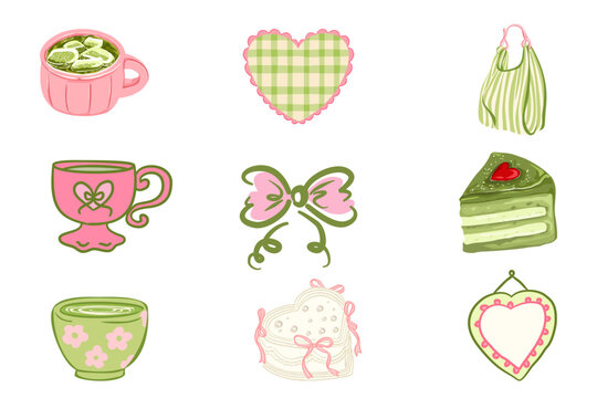 Aesthetic matcha and coquette ribbon vector icon set, featuring pink tea cup, heart gingham cookie, cherry blossom pattern mug, and cute spring lifestyle stickers.