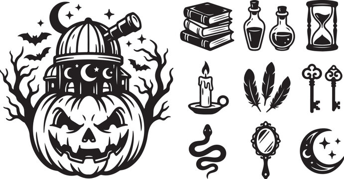 Vintage Halloween occult icons, spooky magic vector set