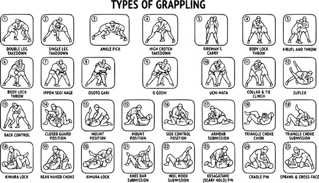 Black and White Line Art of Grappling Techniques for Combat Sports and Martial Arts