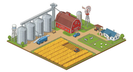 Isometric farm illustration with buildings fields and livestock © mdaburaihan
