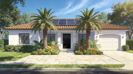 Fototapeta premium A serene suburban home with solar panels on its terracotta roof surrounded by palm trees and lush greenery on a sunny day.