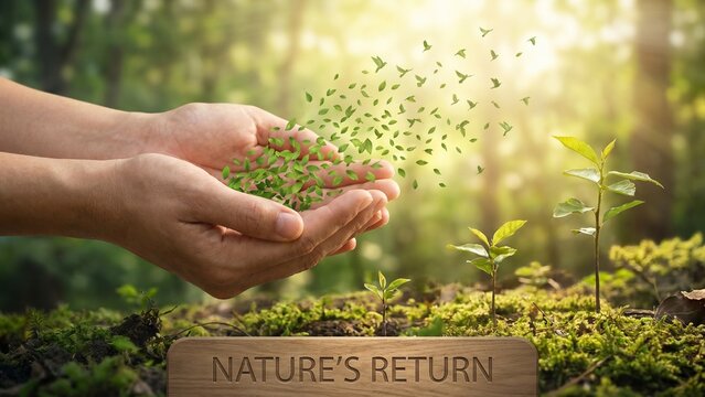 Cupped hands releasing green leaves turning into small birds over growing plant sprouts in a lush forest, environmental recovery and rewilding concept