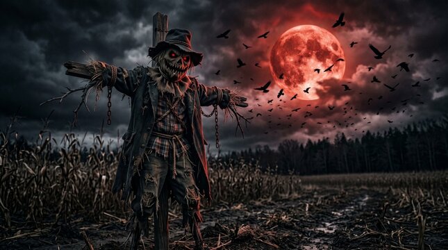 Sinister Scarecrow with Red Moon and Ravens - Halloween Scene