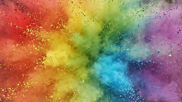 Rainbow color powder explosion: vibrant, dynamic burst of multicolored paint dust creating a spectrum effect on a black background.