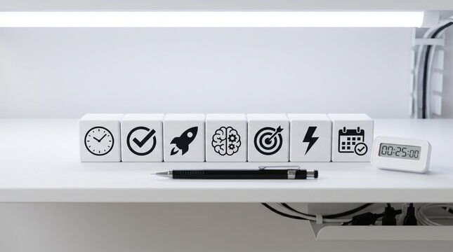 White Wooden Cubes With Bold Black Productivity Icons Including Clock Checkmark Rocket Brain Gear Target Lightning Bolt And Calendar Arranged In Straight Row On White Standing Desk With Pomodoro Timer
