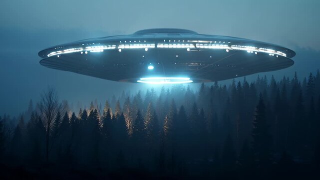 Flying saucer, a dark alien spacecraft, illuminating a dense forest with its blue lights during a mysterious twilight, creating an eerie ambiance of unseen visitors and unexplained phenomena
