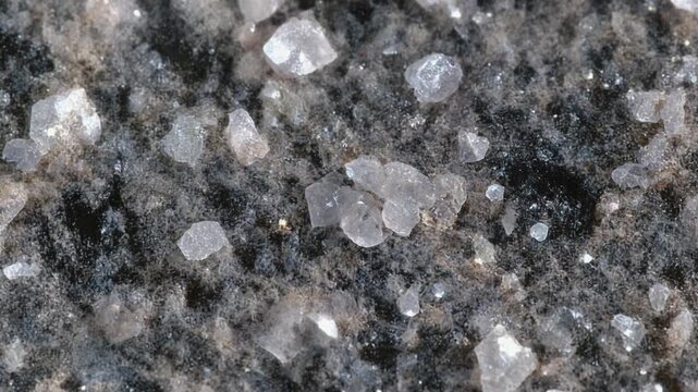 Cinematic Macro Slow Zoom Into Rough Granite Surface with Mineral Crystal Specks of Quartz and Feldspar