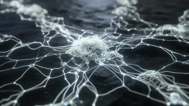 Abstract Timelapse-Style Growth of Organic Filament Network Spreading Across Dark Surface