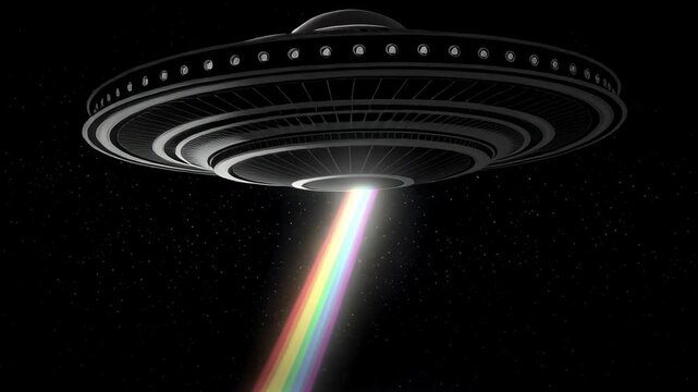 Unidentified flying saucer hovers above a barren lunar surface, casting a vibrant rainbow beam across craters surreal sci fi scene evoking exploration, mystery, and imagination