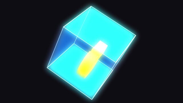Abstract blue geometry dynamically evolves around a luminous yellow core, forming complex shapes. This futuristic animation embodies evolving technology, data processing, and energy transformation.