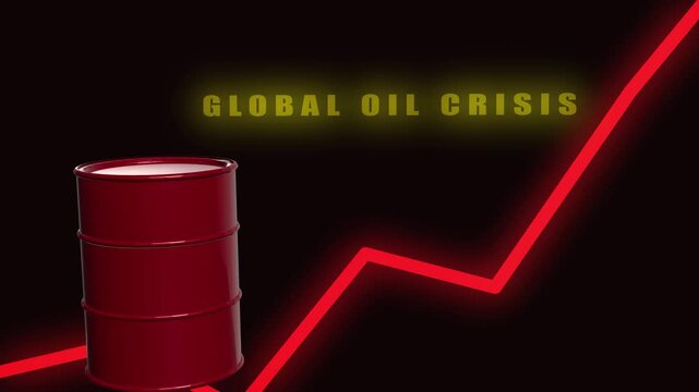 This video dramatically visualizes the global oil crisis, showing a red oil barrel and a sharply rising red graph. It symbolizes escalating energy prices and market instability.