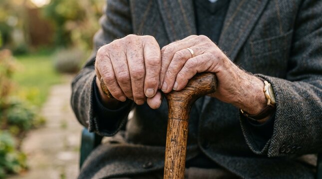 Elderly man's hands resting on a wooden walking stick outdoors