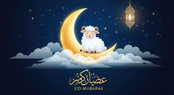 Eid mubarak illustration with crescent moon sheep and lantern against a dark blue night sky