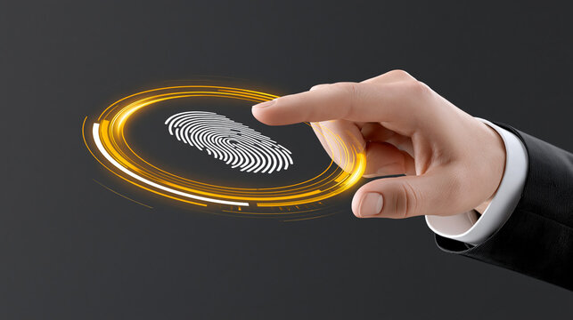 Businessman hand interacting with floating digital fingerprint scan, golden circle data overlay, dark background