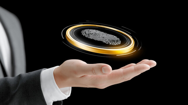 Businessman hand interacting with floating digital fingerprint scan, golden circle data overlay, dark background