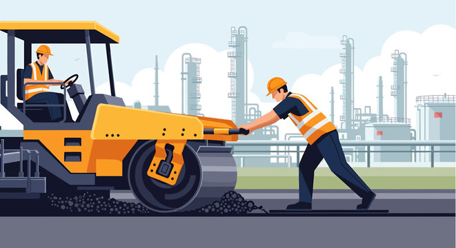Man Pushing Road Roller Machine.