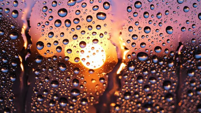Raindrops sliding down window glass during golden sunset