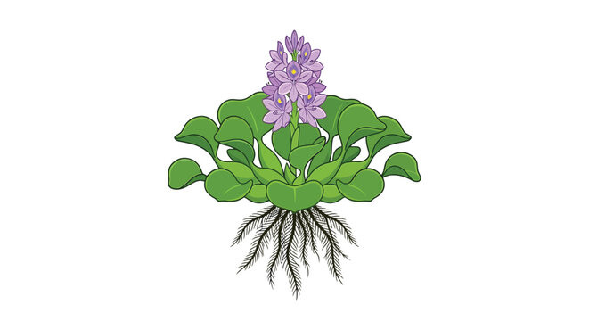 Water hyacinth plant illustration with purple flowers on white background