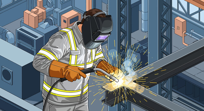 Man welding metal with safety gear.