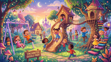Fototapeta premium Whimsical illustration of children playing happily in an enchanted park with treehouses, slides, and swings under a magical sky at dusk.