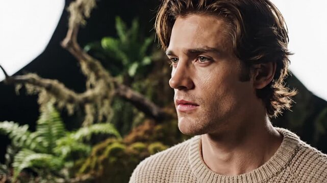 Man with thoughtful expression in textured sweater and forest background