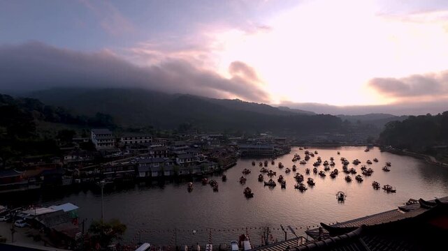 Golden Sunrise Over Mountain Village Reservoir At Baan Rak Thai In Mae Hong Son Thailand