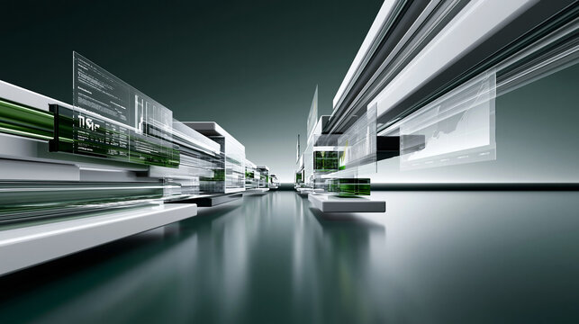 Infinite perspective grid in deep emerald green, floating data fragments and chart overlays, dark horizon