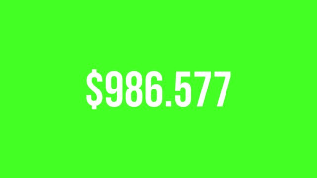 Five million dollar counting animation from zero to five million on a transparent background, 0 to 5,000,000 dollar money counter animation with alpha channel in 4k