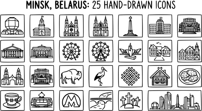 Minsk Belarus Icons: Hand-drawn line art collection featuring landmarks, culture, and symbols