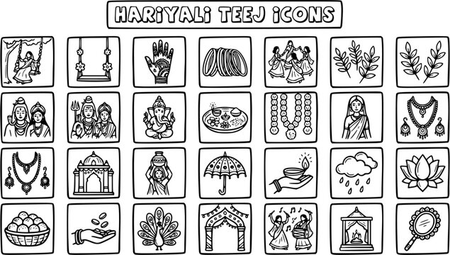 Hariyali Teej Icons Black and White Line Art for Indian Festival Celebrations