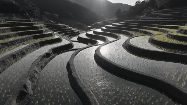 Wide Cinematic Aerial Glide Over Traditional Japanese Terraced Rice Paddies at Golden Hour