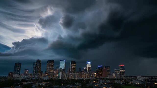 Wide Dramatic Shot of City Skyline Under Approaching Storm System with Dark Towering Clouds Building